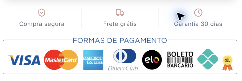 Formas de pagamento: Visa, Mastercard, American Express, Diners Club, Elo, boleto e Pix